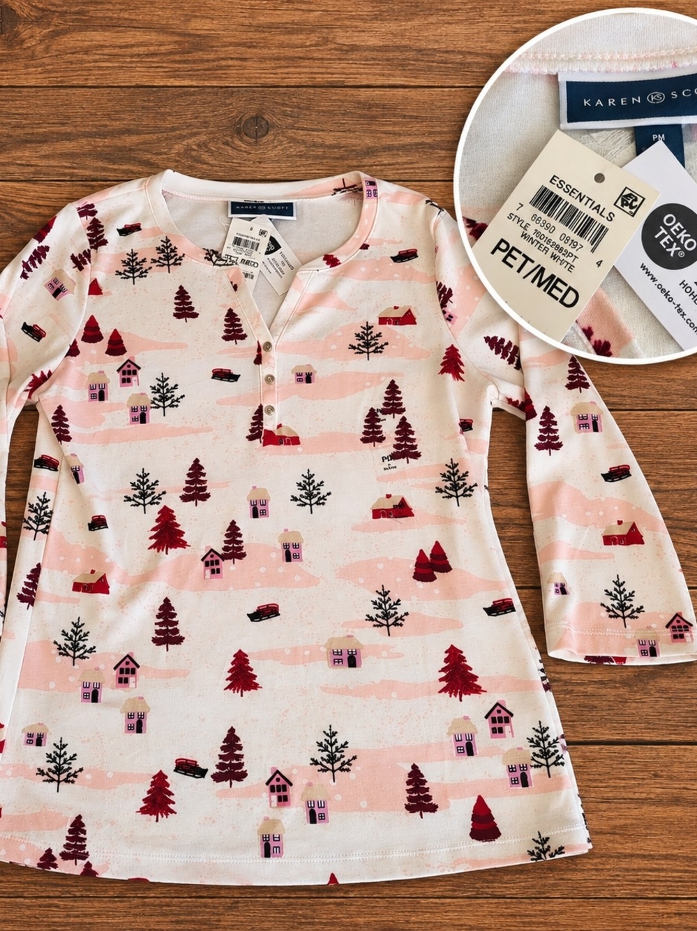 Karen Scott Petites Medium Winter White Christmas Print Henley Top Size PM